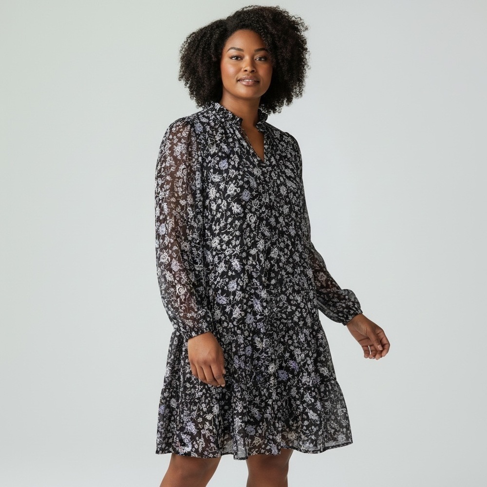 Intermix Dory Floral Chiffon Silk Mini Dress Black Lined Ruffle Long Sleeve 12